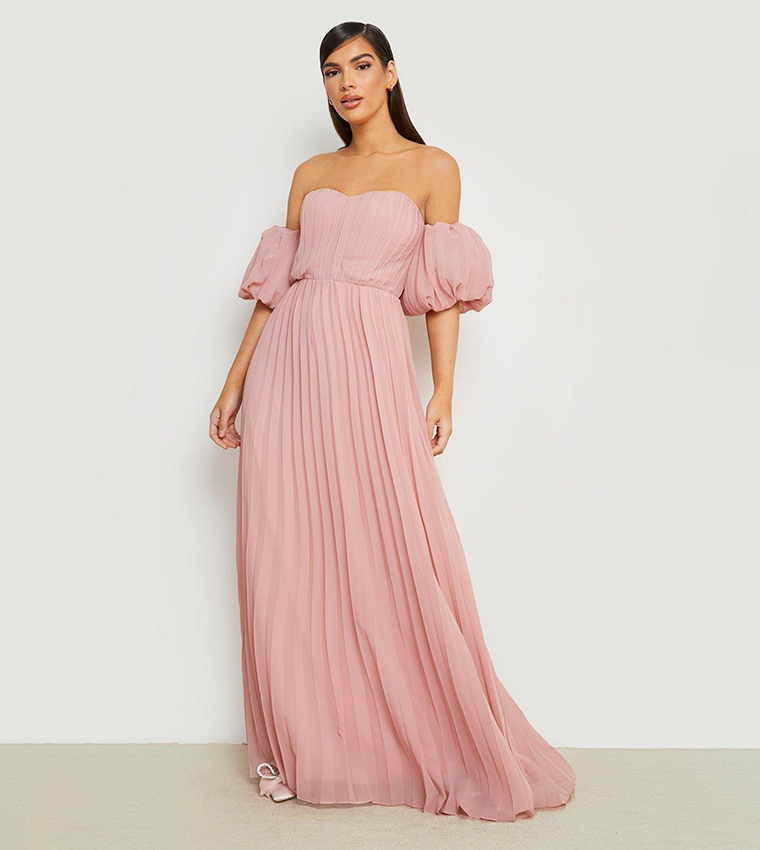 Buy Boohoo Pleated Bardot Puff Sleeves Maxi Dress In Pink 6thStreet Bahrain