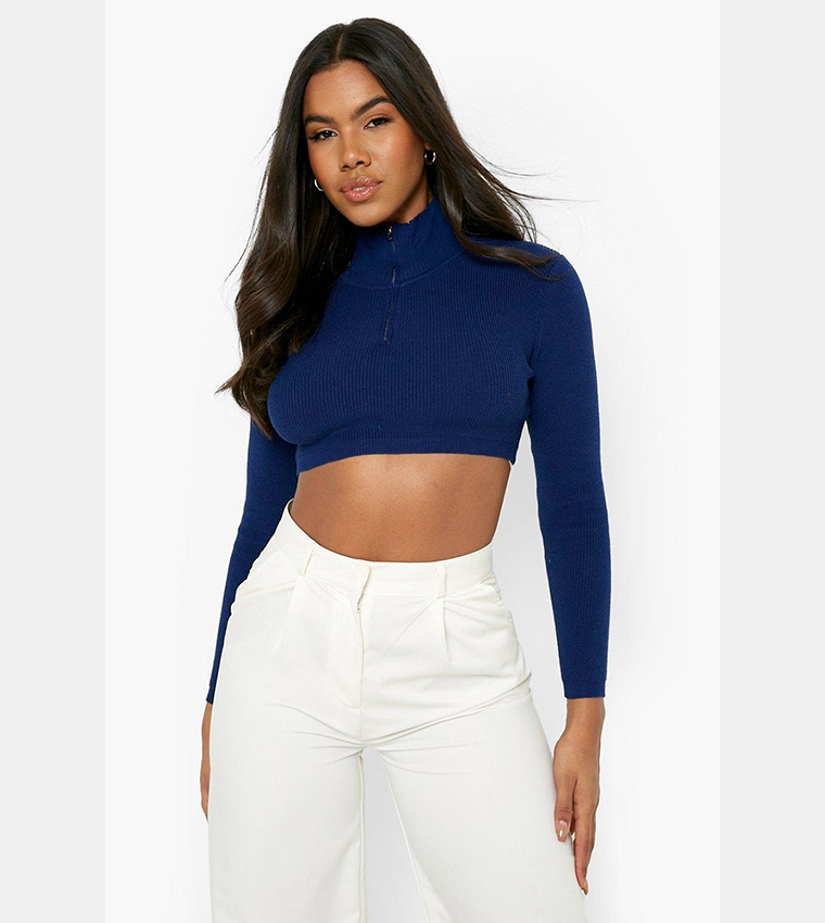 Buy Boohoo Super Crop High Neck Zip Through Jumper In Navy 6thStreet Kuwait