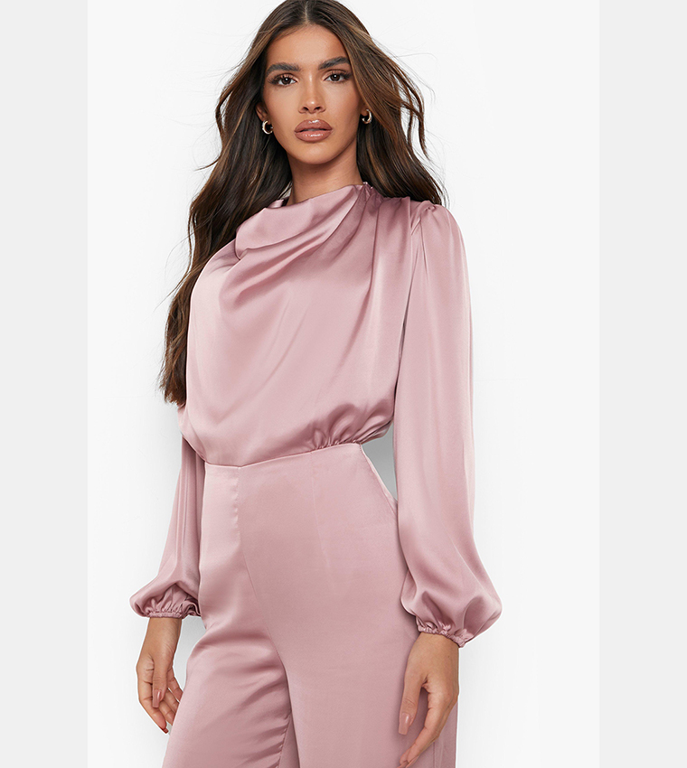 Buy Boohoo Satin Cowl Wide Leg Jumpsuit In Rose