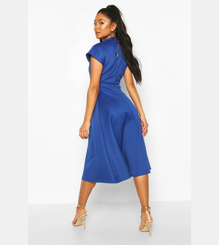 Buy Boohoo Funnel Neck Belted Midi Skater Dress In Cobalt 6thstreet Uae