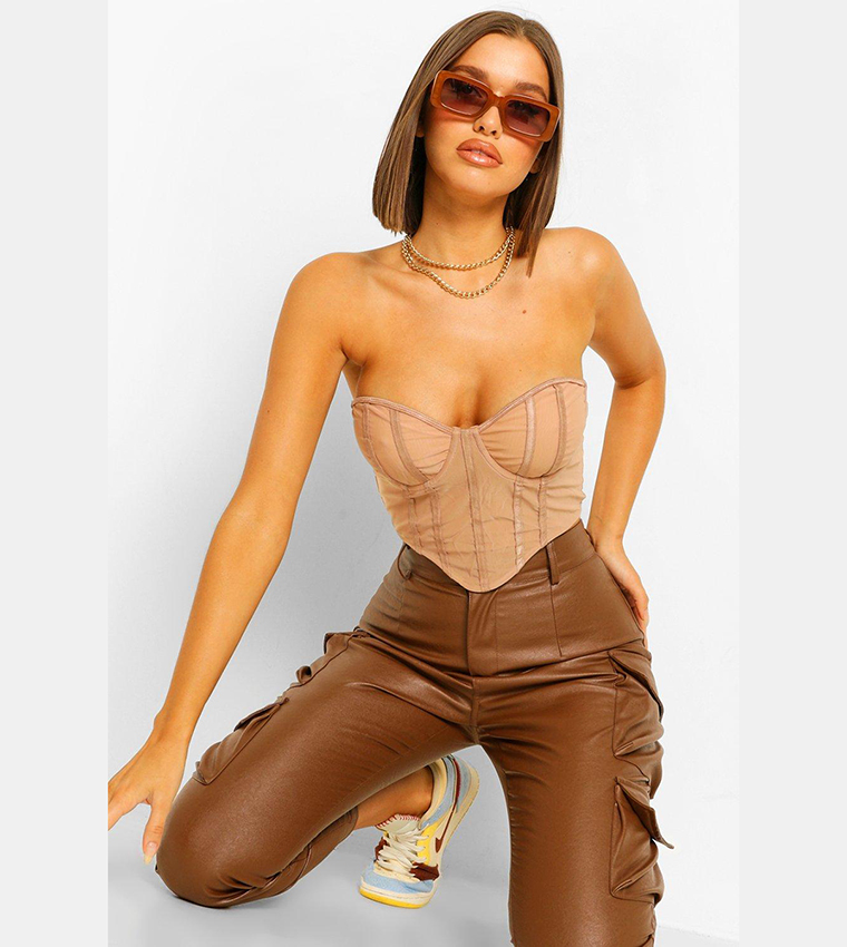 Buy Boohoo Mesh Boned Dip Hem Corset Top In Nude