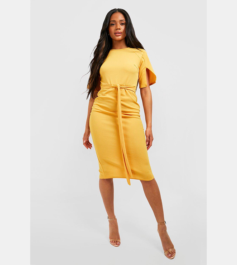 Mustard midi dress with sleeves on sale