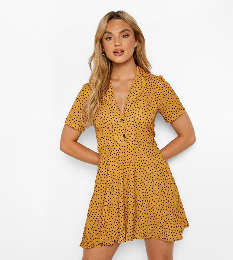 Buy Boohoo Polka Dot Shirt Style Skater Dress In Mustard