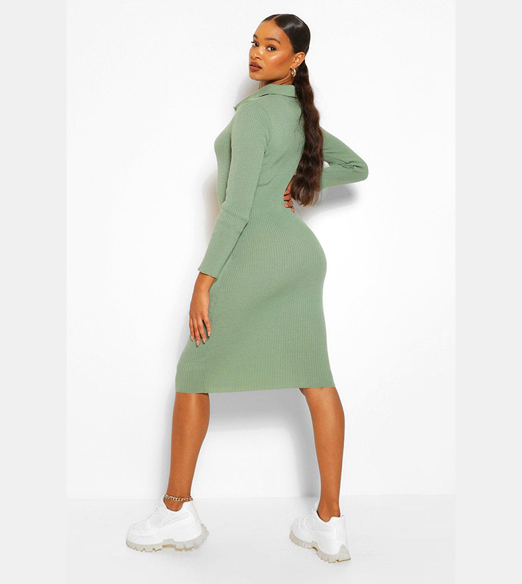 Buy Boohoo Polo Collar Ribbed Knit Midi Dress In STONE 6thStreet Qatar