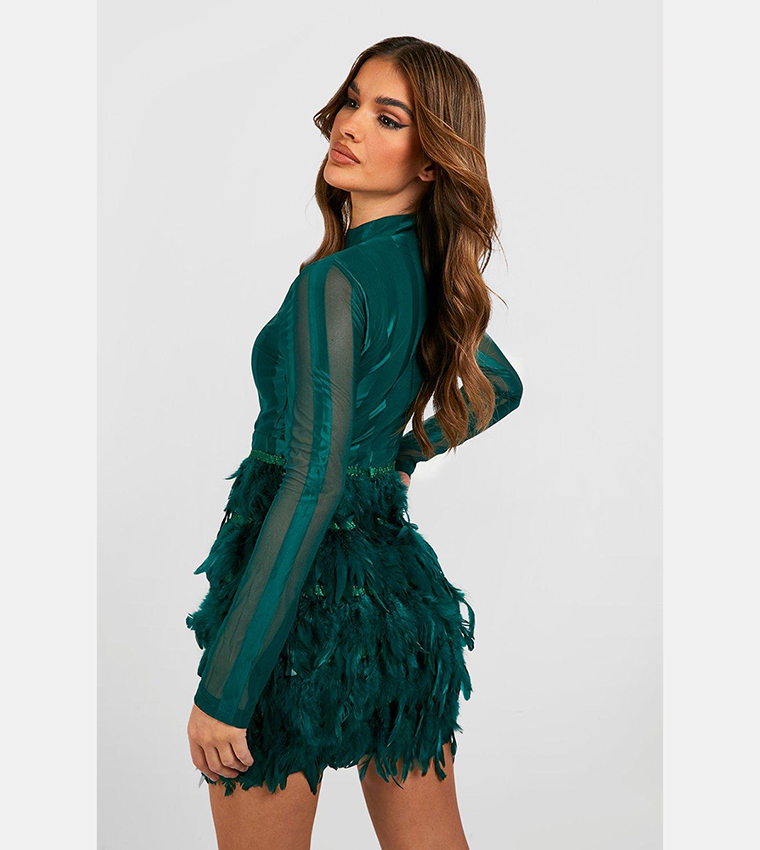 High Neck Feather Skirt Mini Party Dress