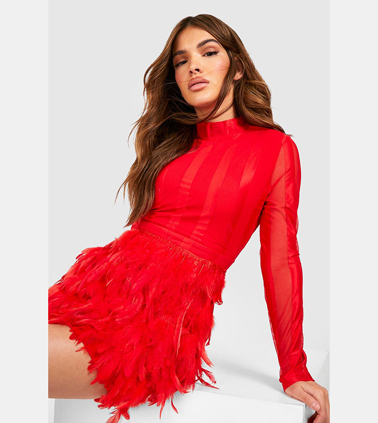 Buy Boohoo High Neck Feather Skirt Mini Party Dress In Red 6thStreet Bahrain