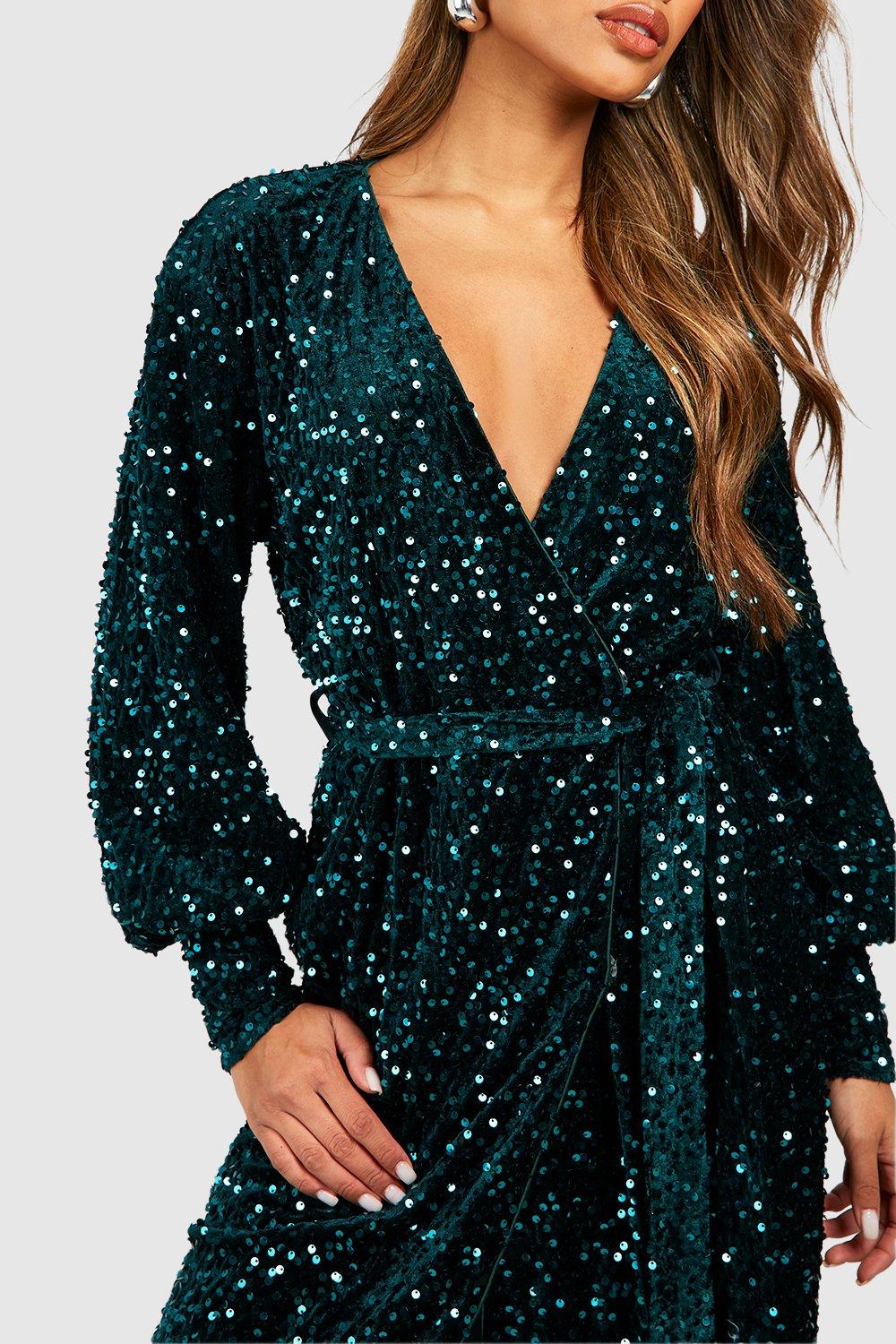 Buy Boohoo Sequin Long Sleeve Tie Waist Midi Party Dress In Green |  6thStreet Bahrain