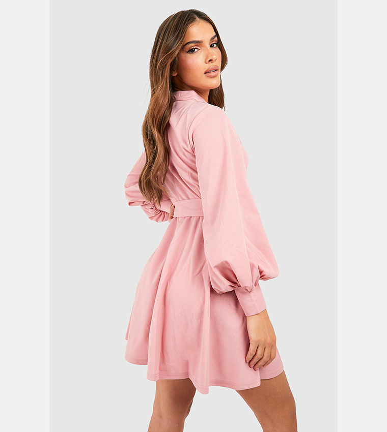 Buy Boohoo High Neck Balloon Sleeves Belted Skater Dress In Rose ...