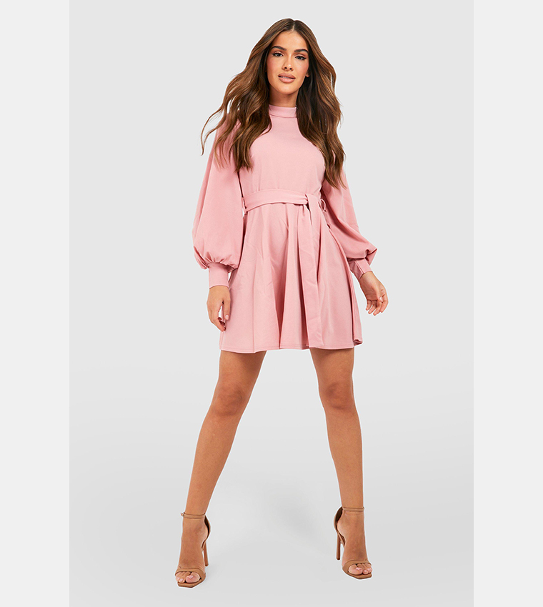 Buy Boohoo High Neck Balloon Sleeves Belted Skater Dress In Rose ...