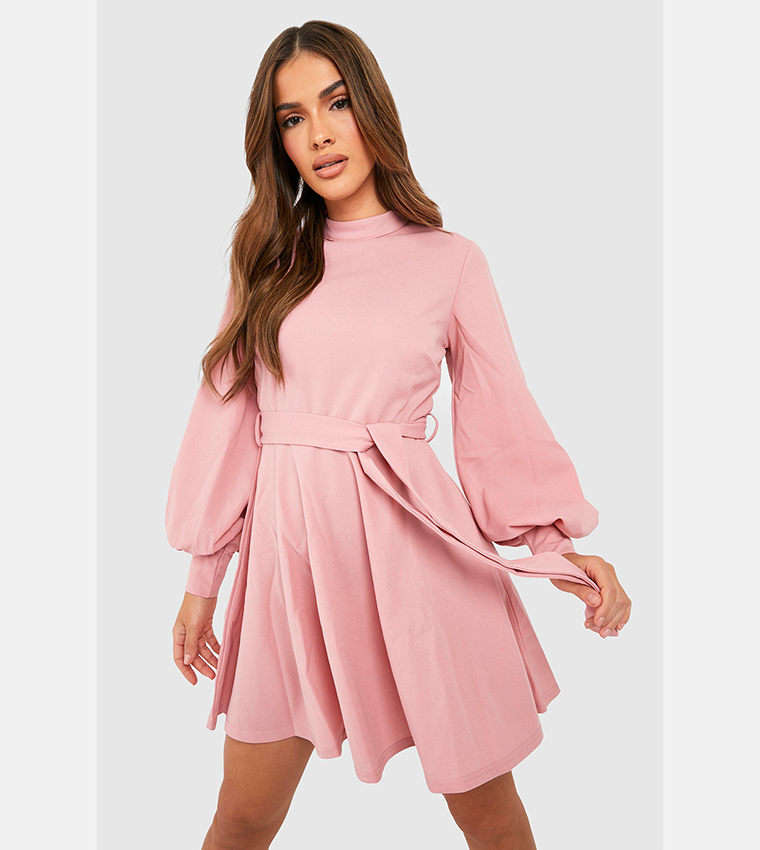 Buy Boohoo High Neck Balloon Sleeves Belted Skater Dress In Rose ...