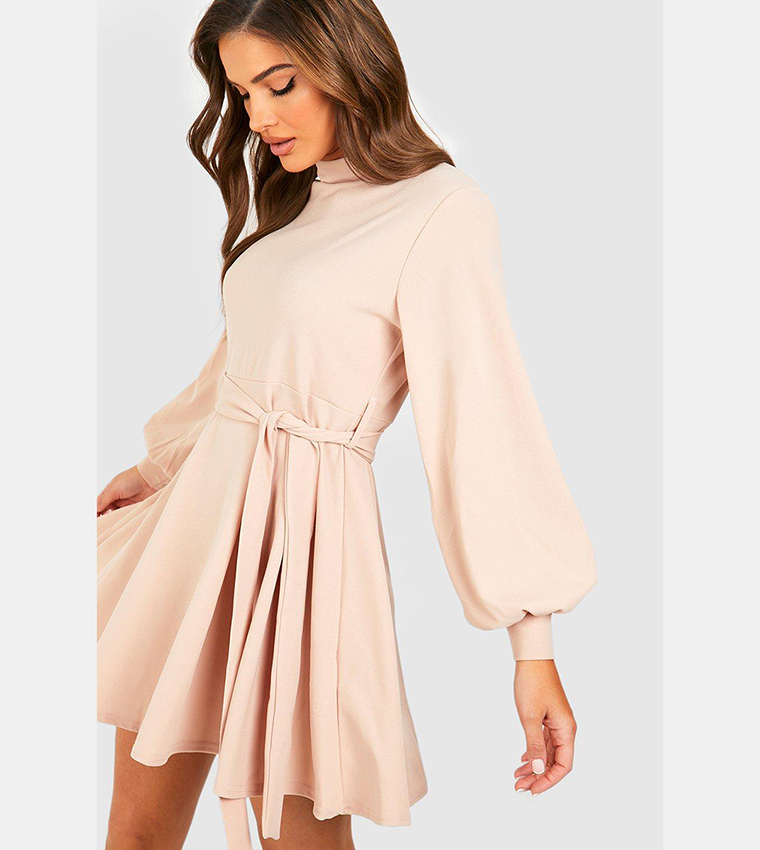 Buy Boohoo High Neck Balloon Sleeves Belted Skater Dress In STONE 6thStreet Kuwait