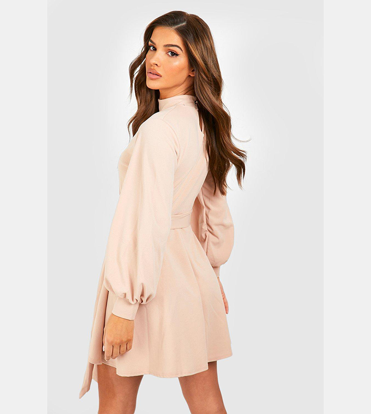 Buy Boohoo High Neck Balloon Sleeves Belted Skater Dress In STONE ...