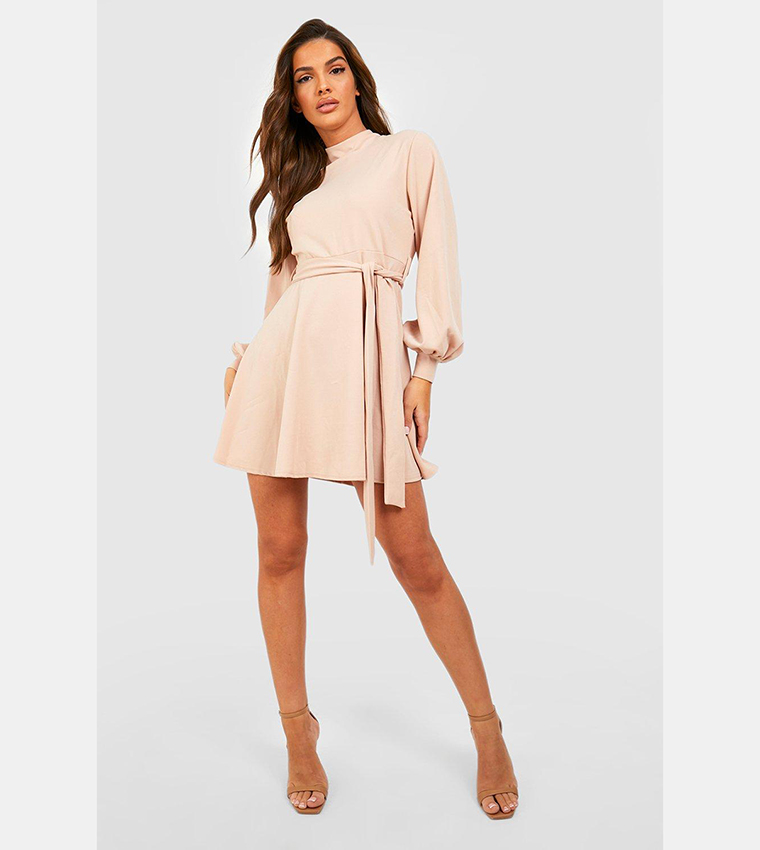 Buy Boohoo High Neck Balloon Sleeves Belted Skater Dress In STONE ...