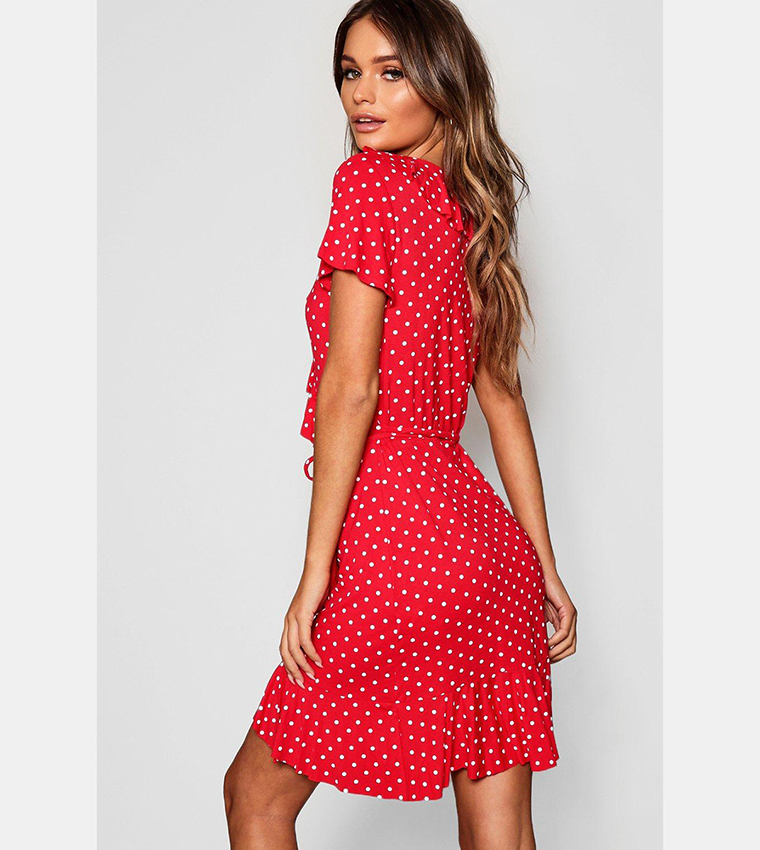 Tea Dress Boohoo Red Polka Dot Dress Buy Boohoo Polka Dot Wrap Front Ruffle  Tea Dress In Emerald