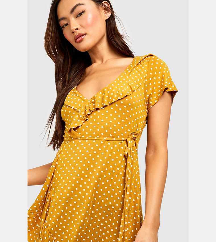 Buy Boohoo Polka Dot Wrap Front Ruffle Tea Dress In Mustard