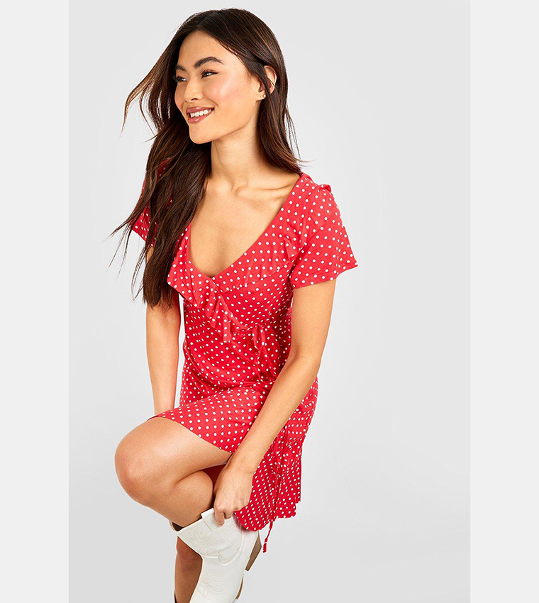 Buy Boohoo Polka Dot Wrap Front Ruffle Tea Dress In Red