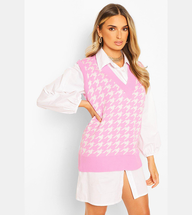 Buy Boohoo Dogtooth Check Sweater Vest In Pink 6thStreet Saudi Arabia