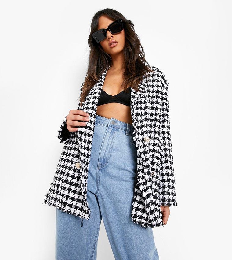 Buy Boohoo Dogtooth Woven Double Breasted Boxy Blazer In Black