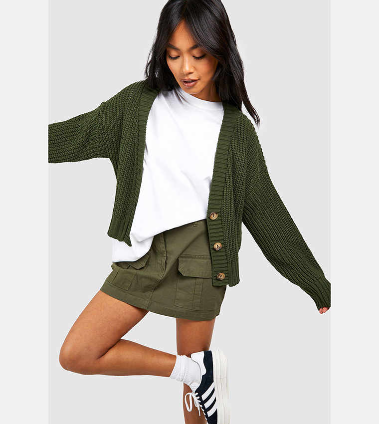 Buy Boohoo Chunky Knit Cropped Cardigan In Khaki