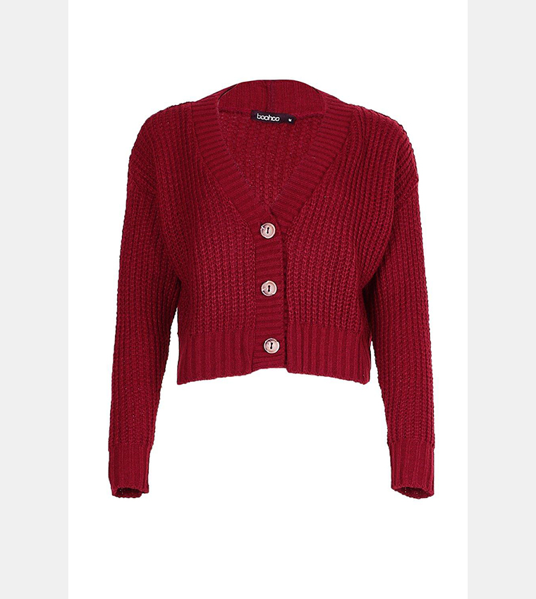 Buy Boohoo Chunky Knit Cropped Cardigan In Wine | 6thStreet Saudi Arabia