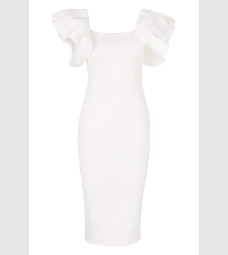 Buy Boohoo Bonded Scuba Ruffle Sleeves Midi Dress In White 6thstreet Uae