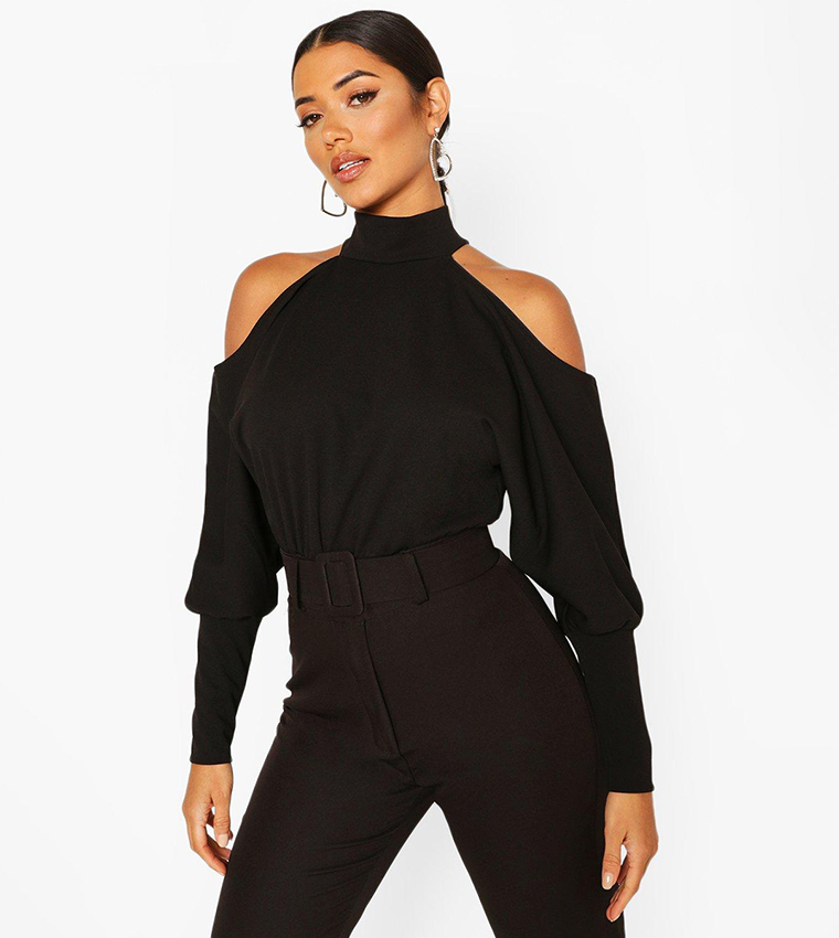 Black high neck cold shoulder top best sale