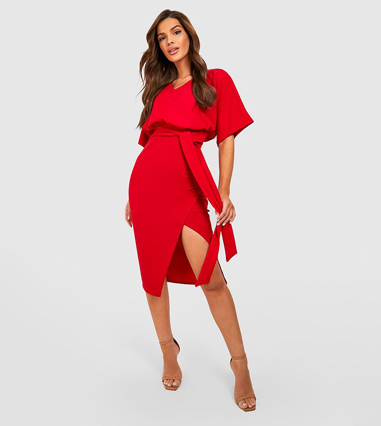 kimono tie belt midi dress
