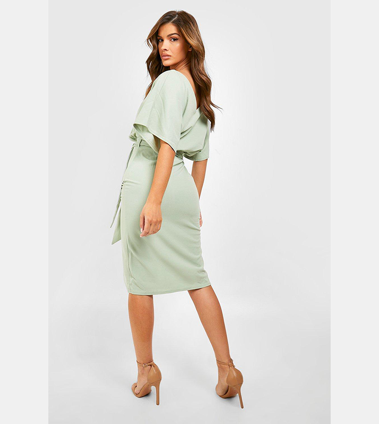 Buy Boohoo Kimono Tie Belt Midi Dress In Sage | 6thStreet UAE
