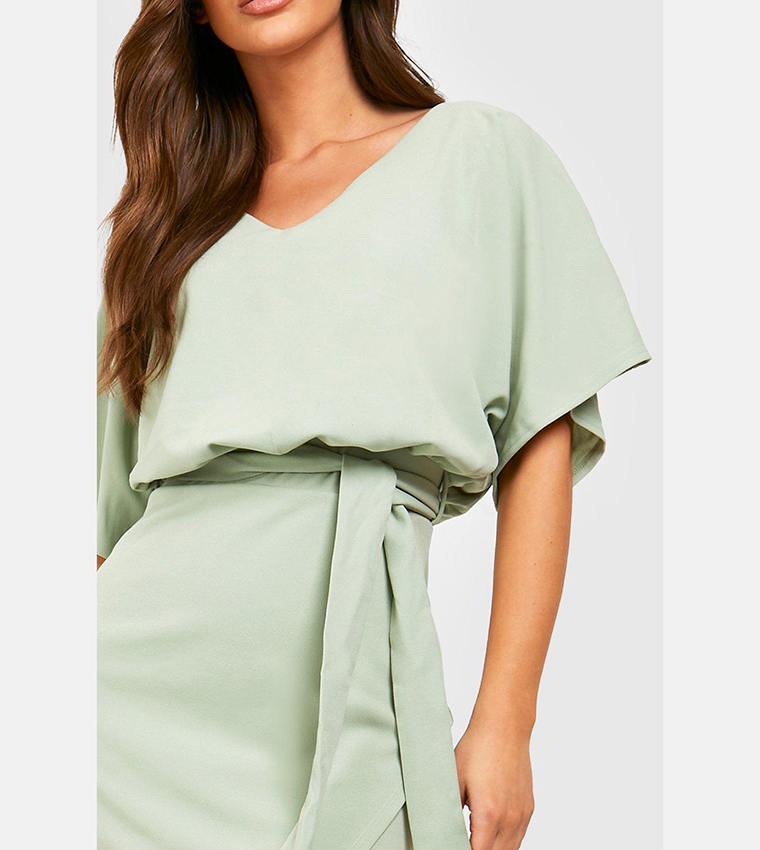 Buy Boohoo Kimono Tie Belt Midi Dress In Sage | 6thStreet Qatar