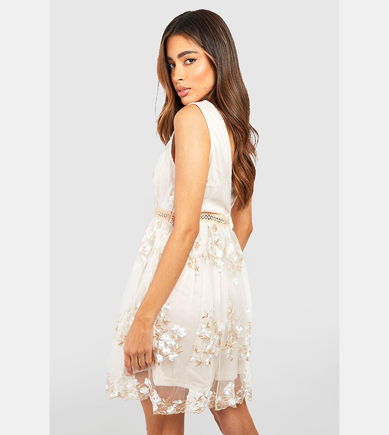 Buy Boohoo Boohoo Occasion Floral Embroidery Wrap Skater Dress In Cream