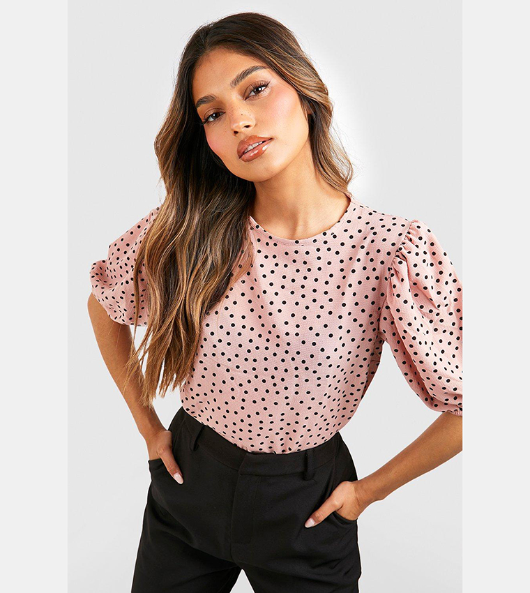 Buy Boohoo Volume Sleeves Polka Dot Top In Blush | 6thstreet Oman