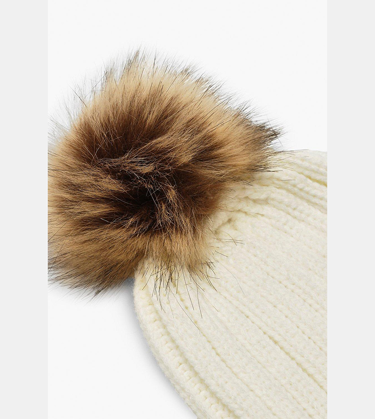 Rib Knit Beanie With Large Faux Fur Pom