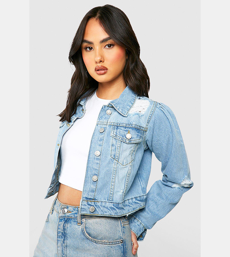 Denim jackets with puff shoulders best sale