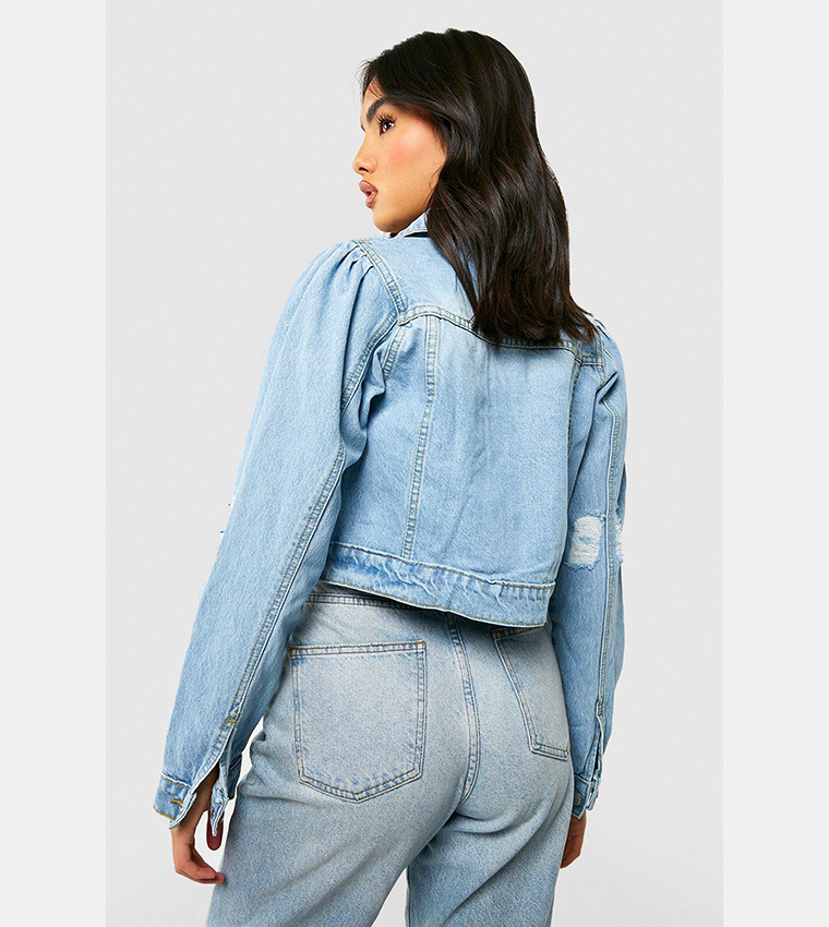 Blue jean jacket sales with puff shoulders