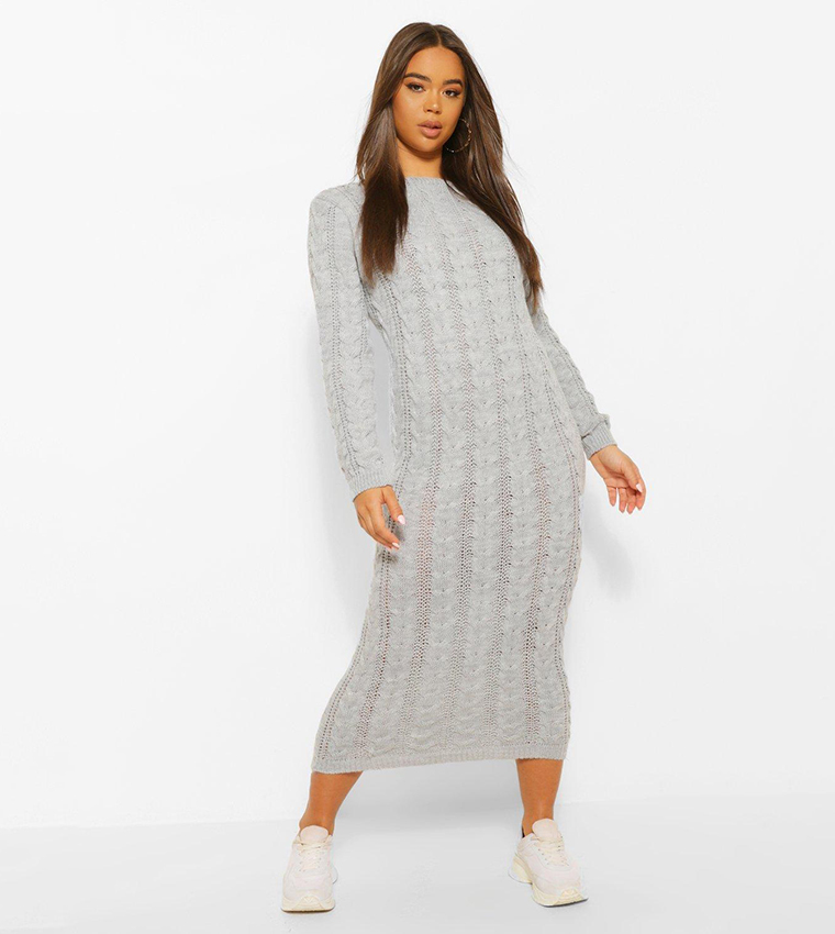 Buy Boohoo Cable Knit Midi Dress In Grey | 6thStreet Qatar