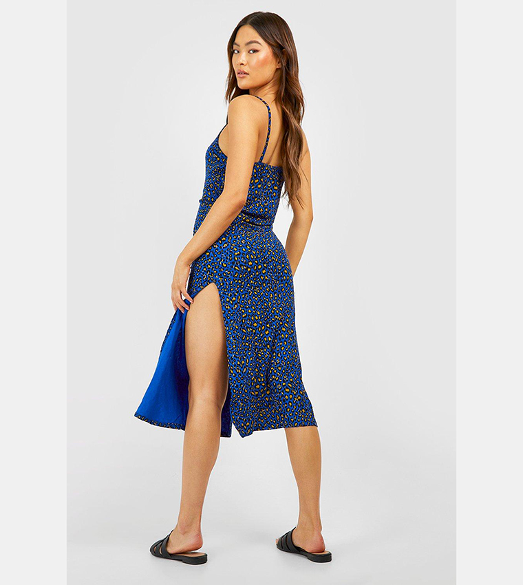 Buy Boohoo Leopard Print Jersey Slip Midi Dress In Blue