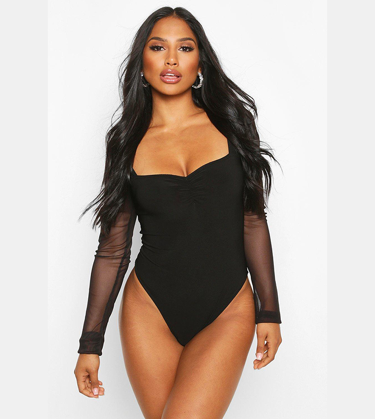Buy Boohoo Mesh Square Neck Ruched Bodysuit In Black