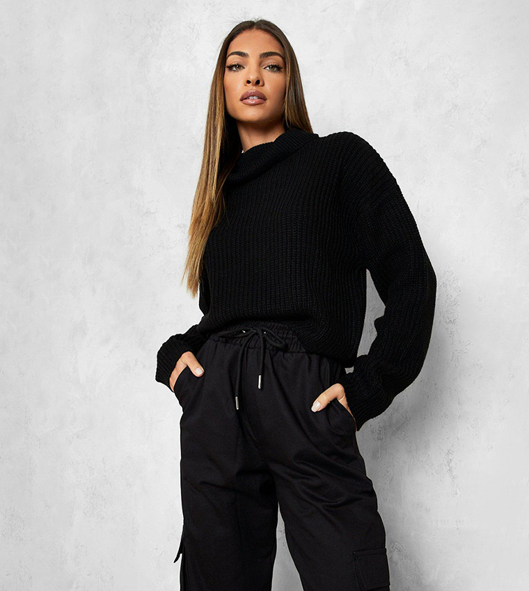 Black cropped clearance roll neck jumper