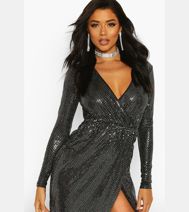 boohoo black and gold dress 2025 Boohoo Wrap Wrap Dress Black Dress Boohoo Sequin Long Sleeve Size:2X PLUS (20/22) or dress it up Mermaid/Sheath Prom Dresses long sleeve asymmetric hem