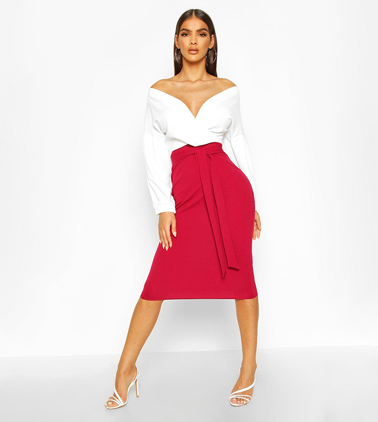 Buy Boohoo Contrast Off Shoulder Wrap Midi Dress In Berry