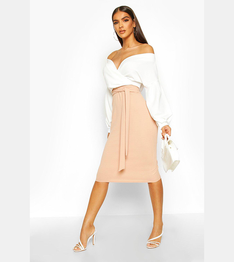 off shoulder wrap midi dress