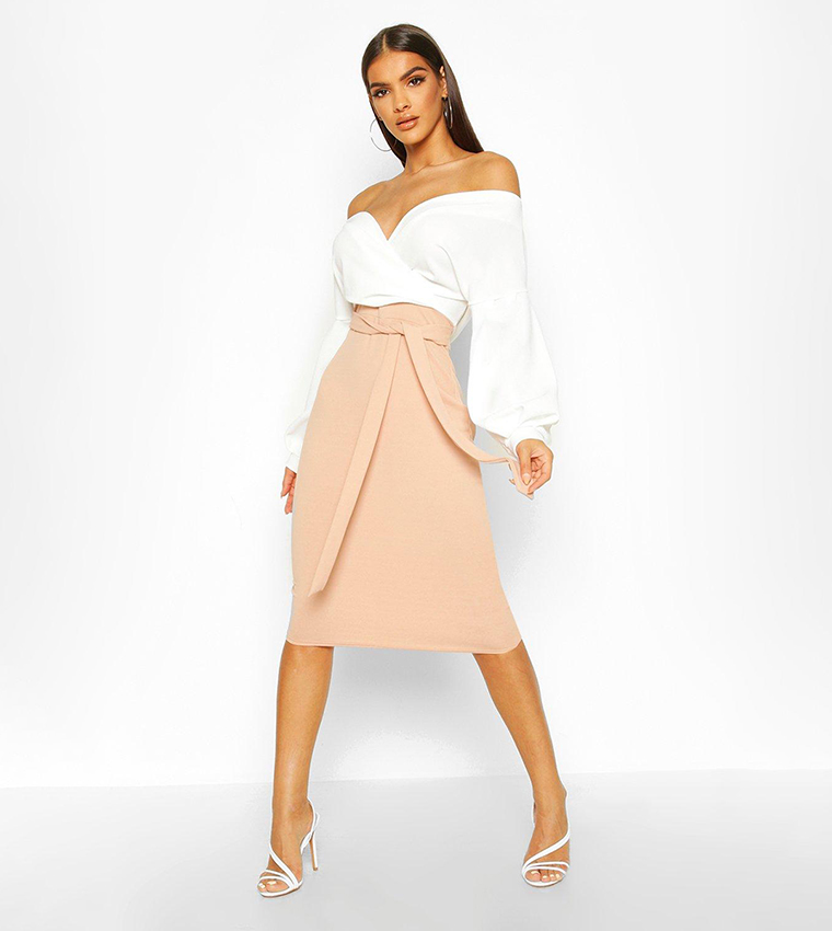 Off the shoulder hotsell wrap skirt midi dress