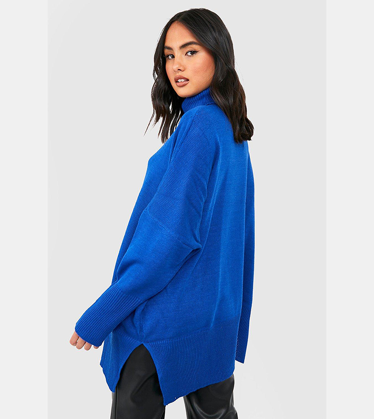 Blanaid Turtle Neck Jumper with Ribbing - Cobalt, Coral, Ecru