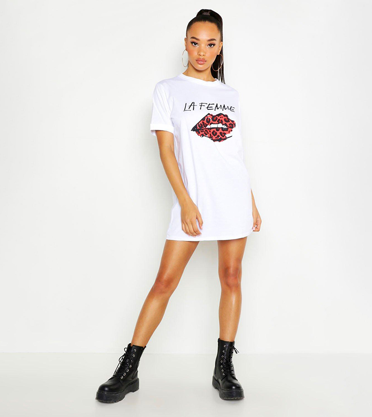 lips t shirt dress ON FIRE Women's White-Red Lips Crewneck Short Sleeve Mini T-Shirt Dress SZ M
