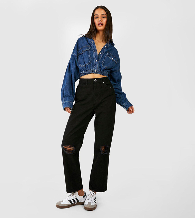 Plus Size Ripped High Waisted Straight Leg Jeans | Karen Millen