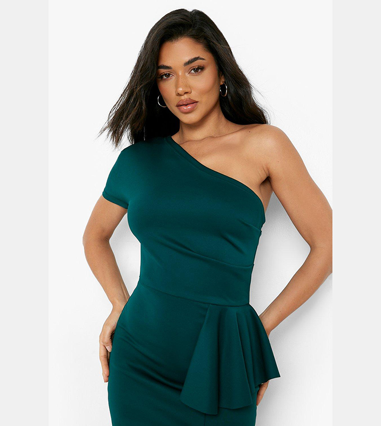 slim fit dress slacks Carella Bottle Green Velvet Twisted Asymmetric Midi Dress – Club L London