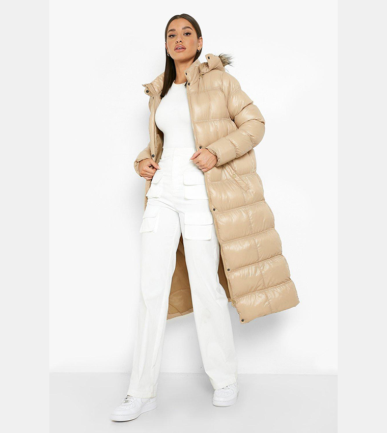 Buy Boohoo Maxi Cire Paneled Padded Jacket With Faux Fur Trim In Camel 6thStreet Oman