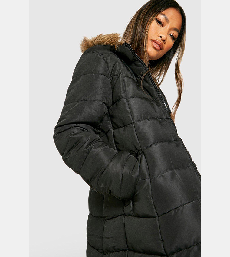 Buy Boohoo Faux Fur Hooded Paneled Parka Coat In Black 6thstreet Uae 