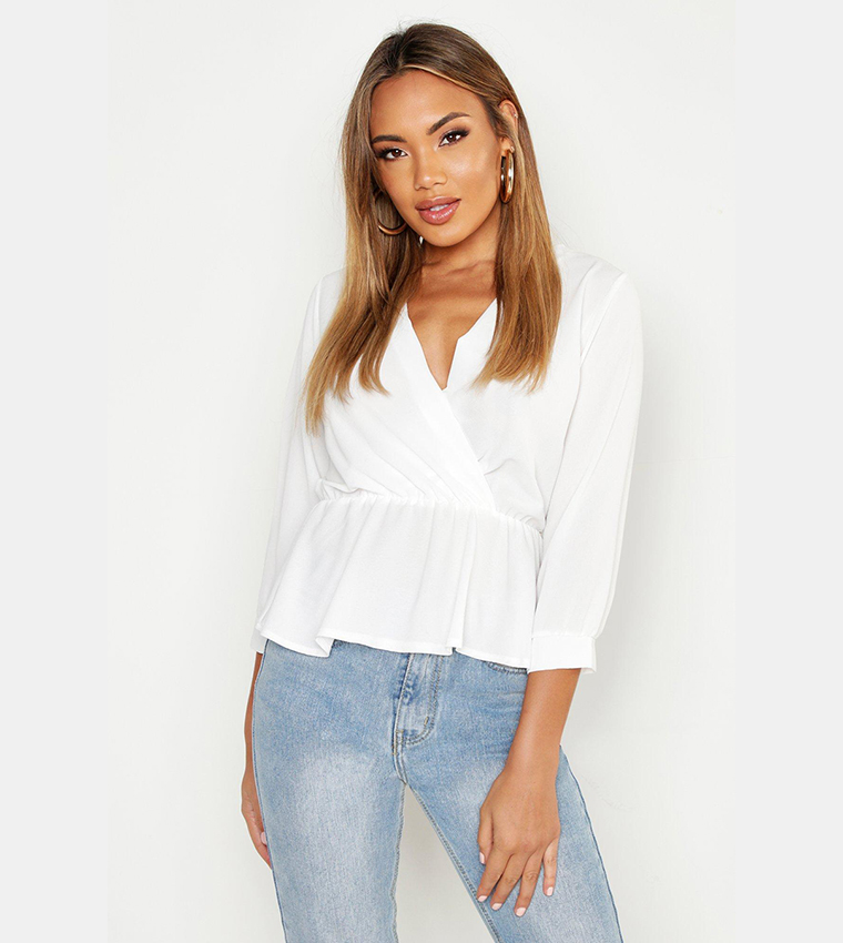 White wrap peplum top sales