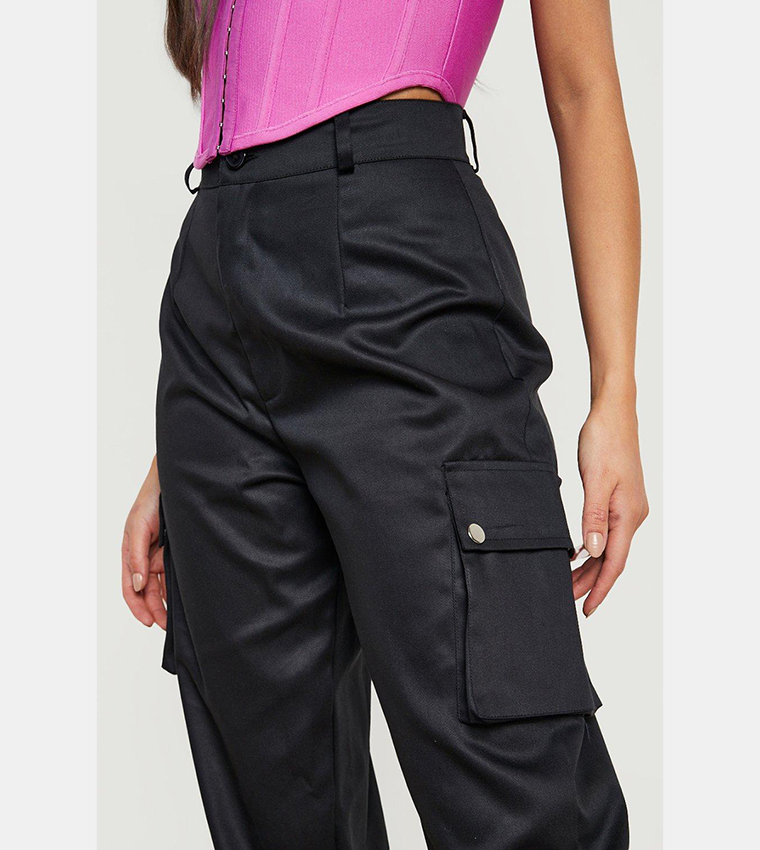 High Waisted Casual Woven Cargo Pants